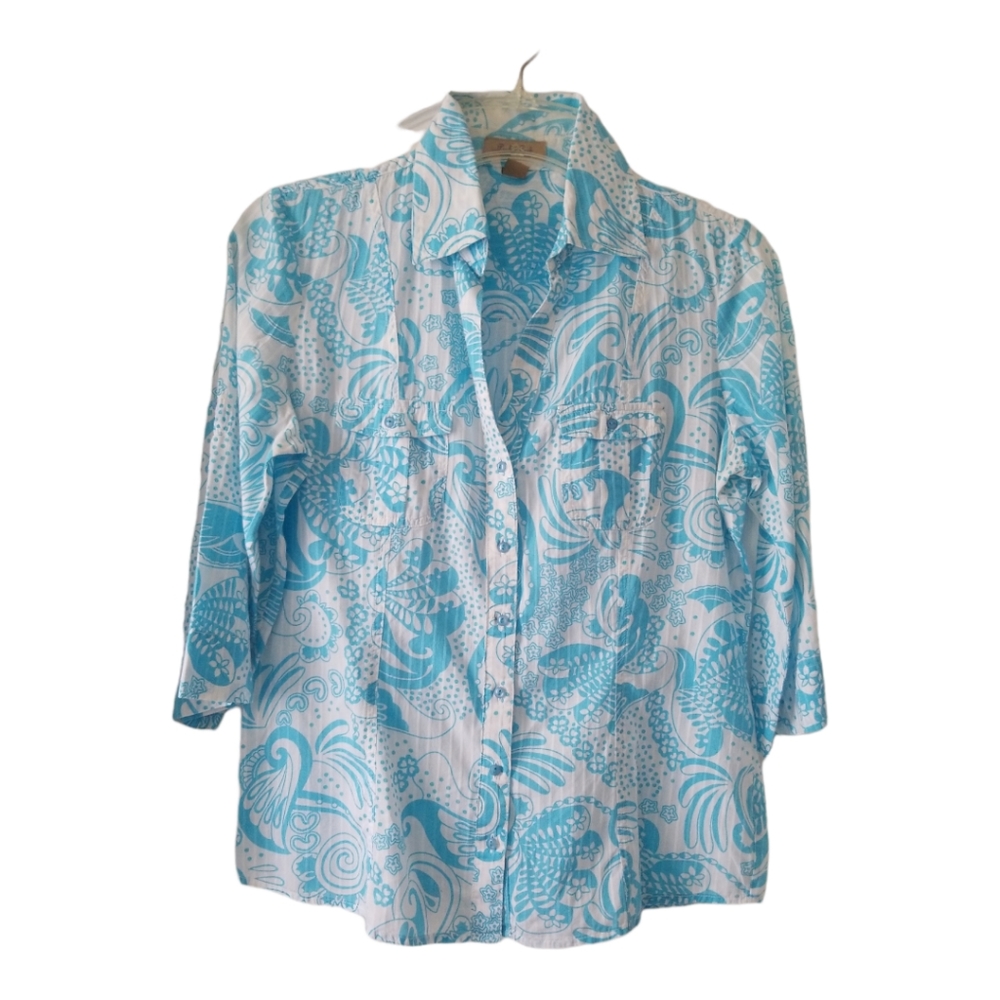Peck&Peck Turquoise/Wht Paisley 100% Cotton 3/4 or ShortSleeve Button Down Shirt